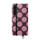 Samsung Galaxy S25 Plus veganistisch leren portemonnee-hoesje - Pink Plum Polka Dot-design