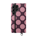 Samsung Galaxy S25 Ultra veganistisch leren portemonnee-hoesje - Pink Plum Polka Dot-design