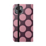 iPhone 14 veganistisch leren Hoesje met portemonnee - Pink Plum Polka Dot Design