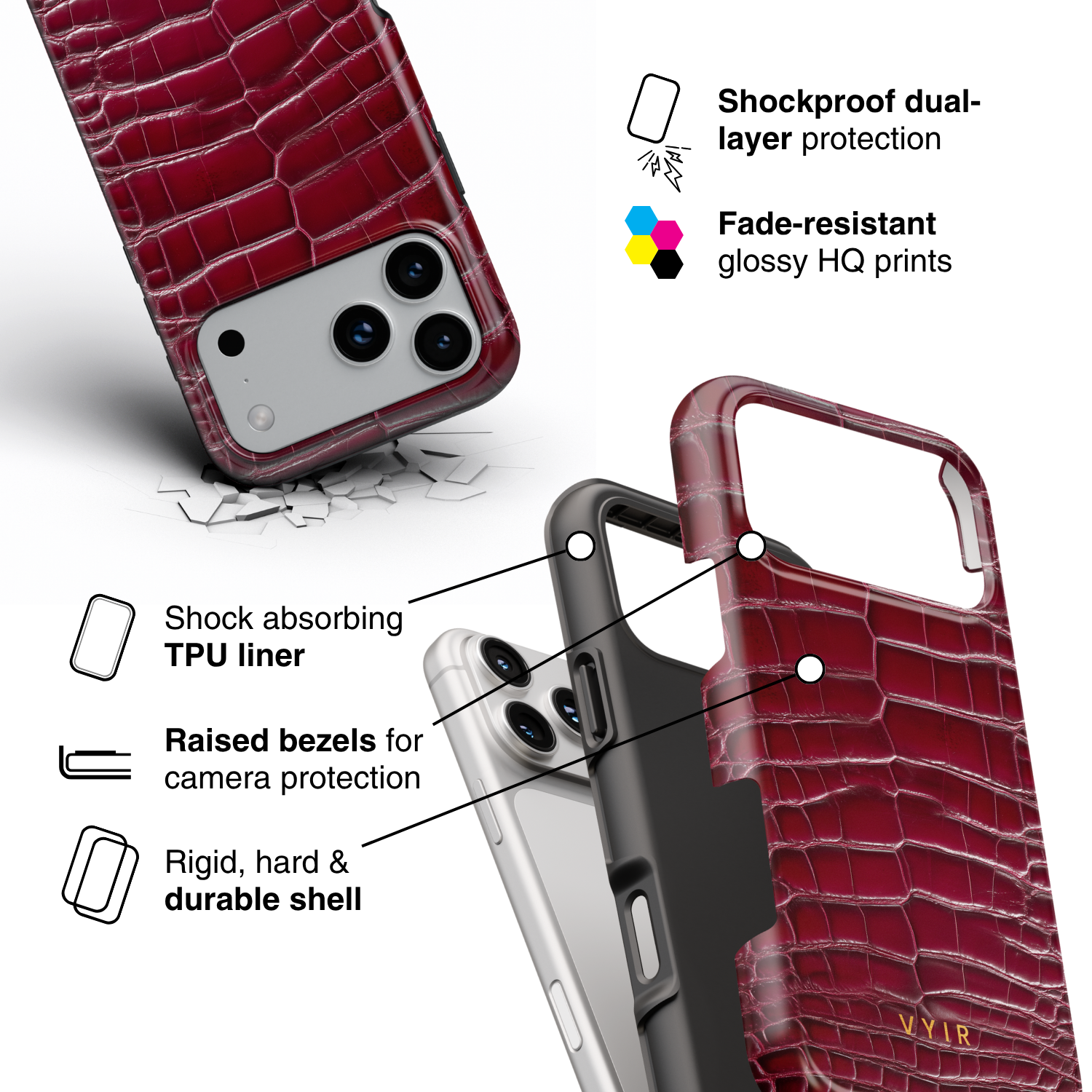 Croc Leather Print Burgundy - Shockproof Phone Case - VYIR