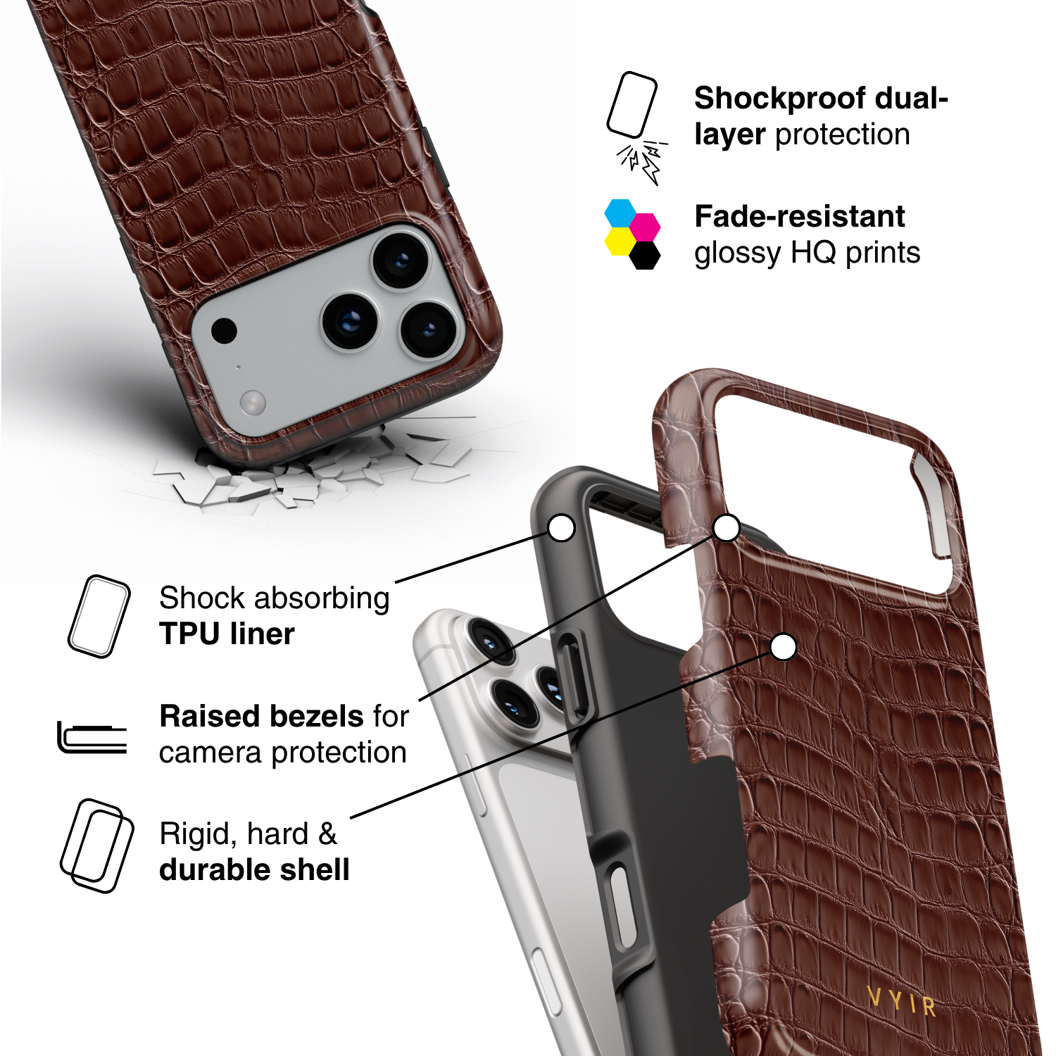 Croc Leather Print Mocha - Shockproof Phone Case - VYIR