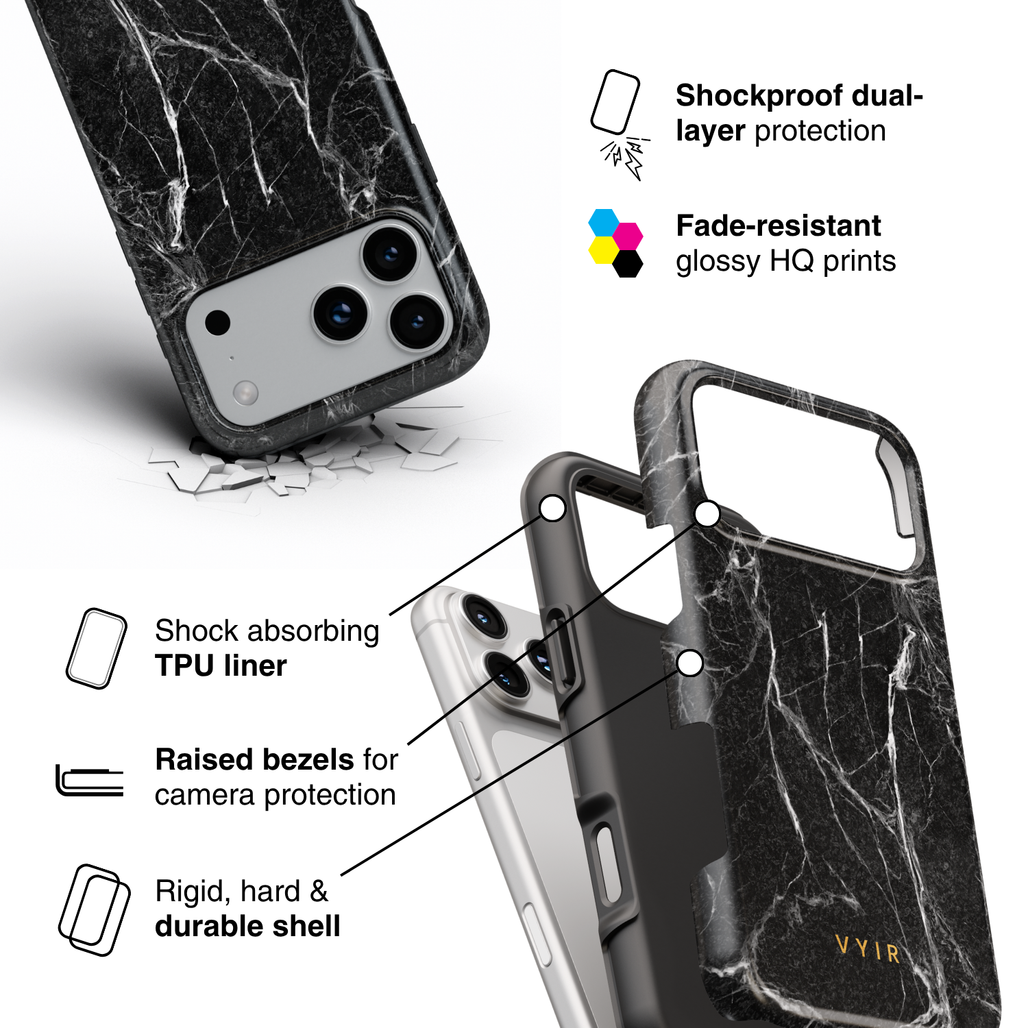Pure Marble Black - Shockproof Phone Case - VYIR