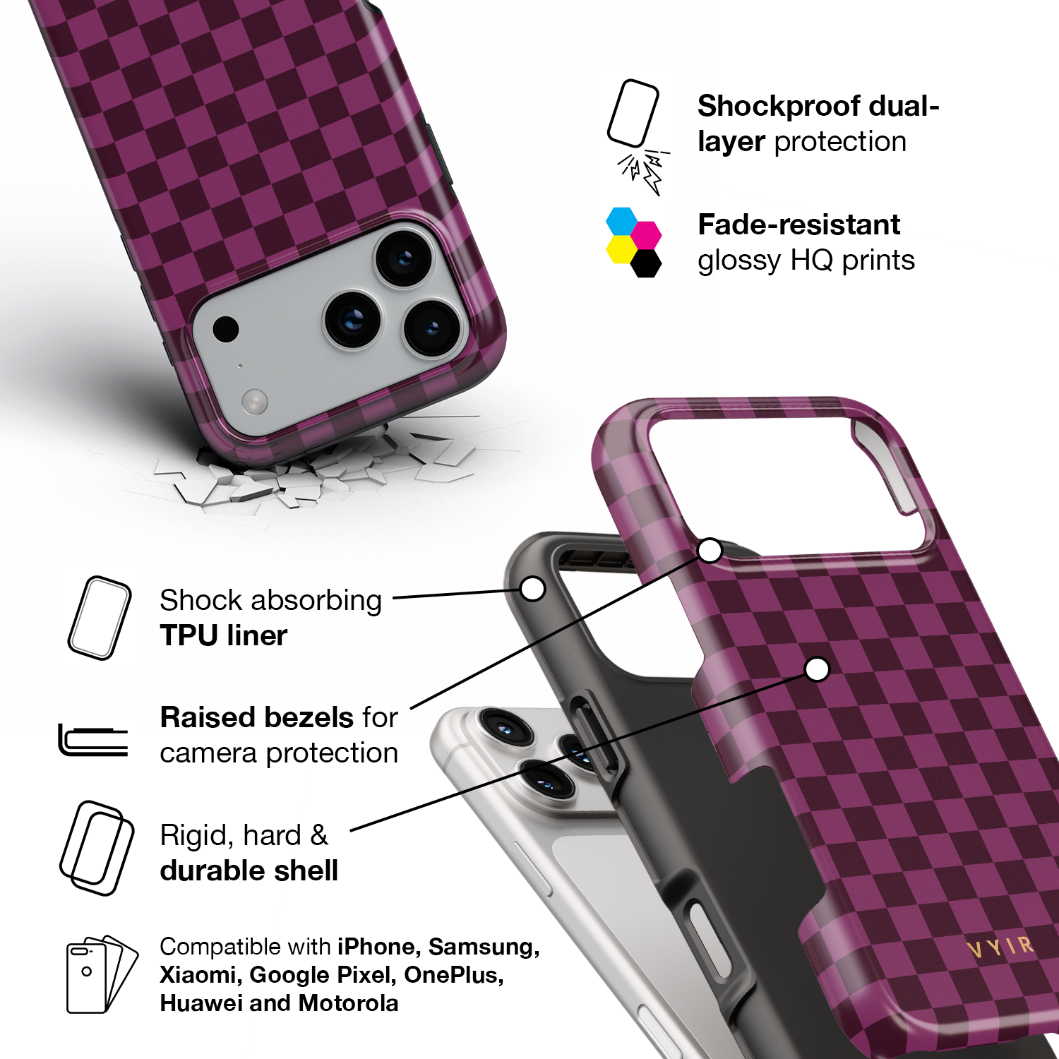 Tiny Checker, Burgundy - Shockproof Phone Case - VYIR